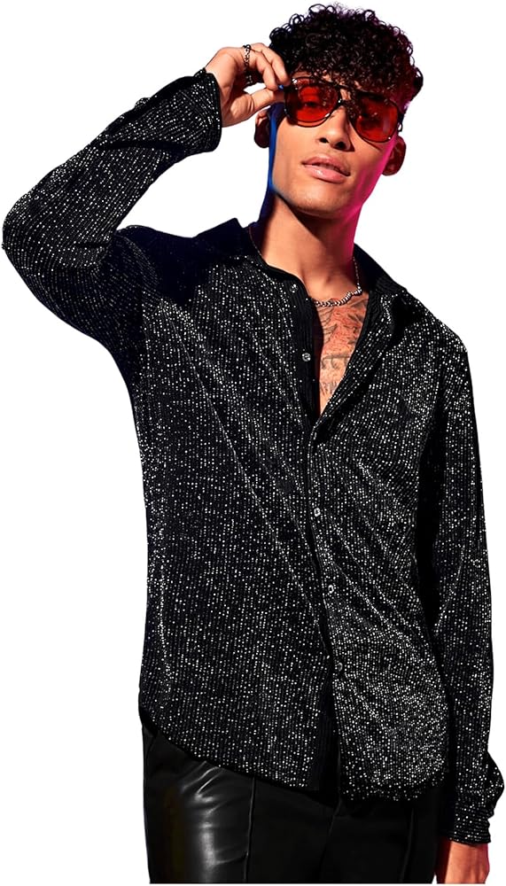 Floerns Men's Button Front Long Sleeve Glitter Lapel Collar Streetwear Shirt