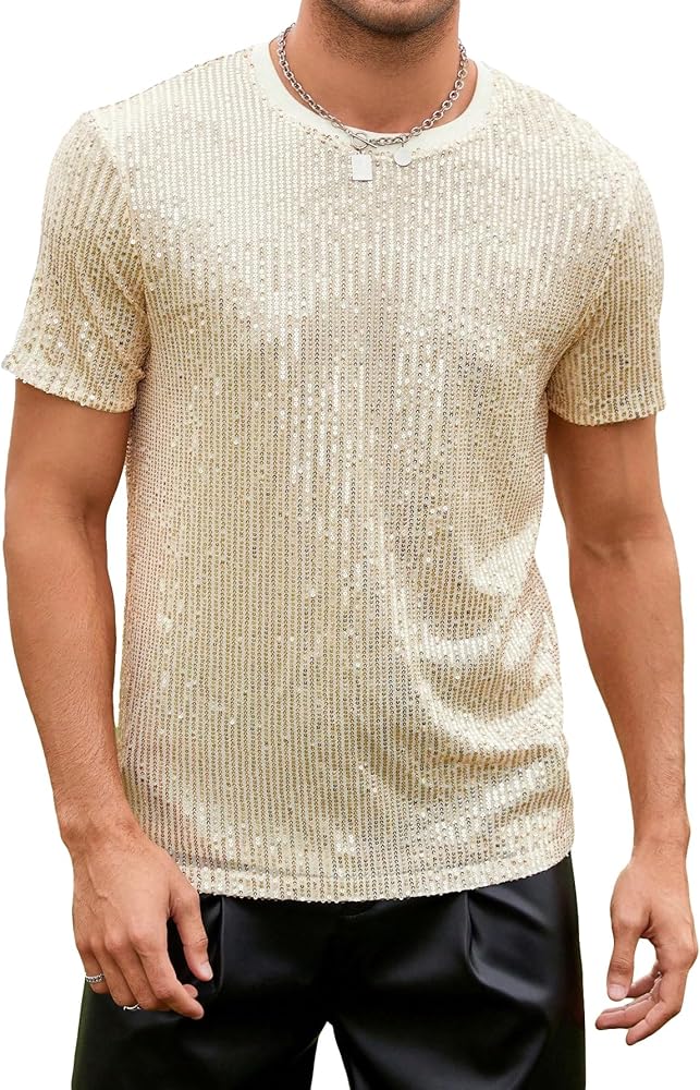 WDIRARA Men's Contrast Glitter Round Neck T Shirt Short Sleeve Shirt Regular Sleeve Tee