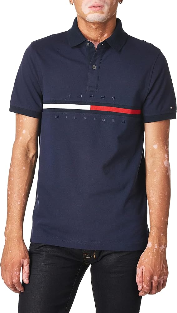 Tommy Hilfiger Men's Short Sleeve Cotton Pique Flag Graphic Polo Shirt in Custom Fit