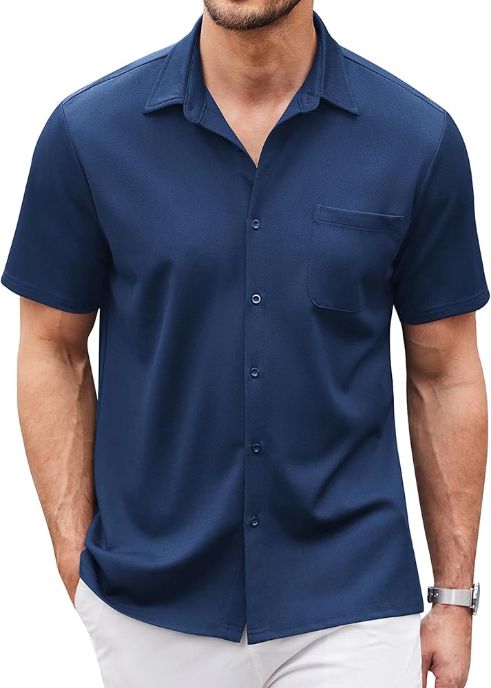 COOFANDY Men's Casual Button Down Shirts Short Sleeve Regular Fit Untucked Dress Shirts Knit Textured