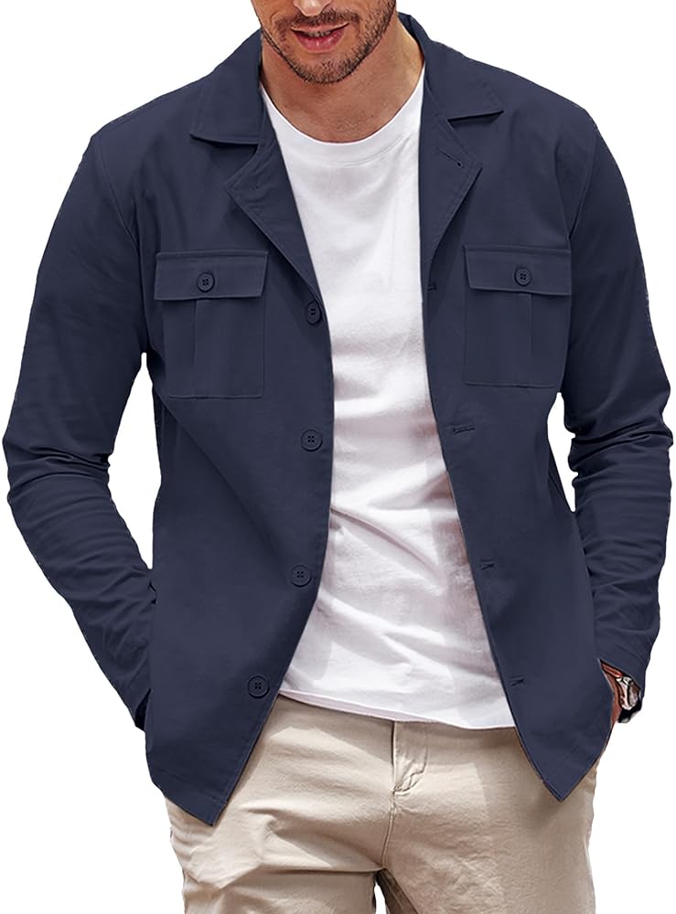 COOFANDY Men's Casual Shirt Jacket Cotton Linen Shacket Lightweight Work Coat Button Down Overshirt