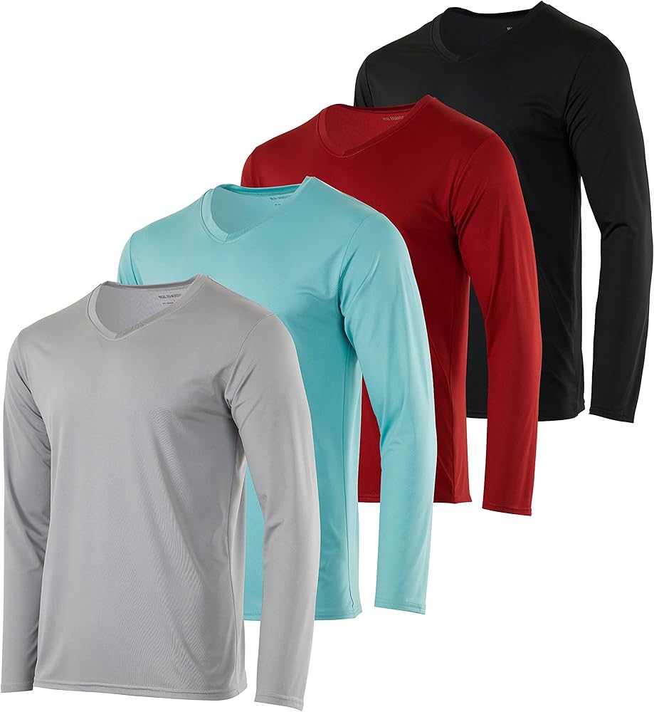 Real Essentials 4 Pack: Men's Dry Fit Long Sleeve V-Neck Active T-Shirt - Athletic Outdoor UPF 50+ (Available in Big & Tall)