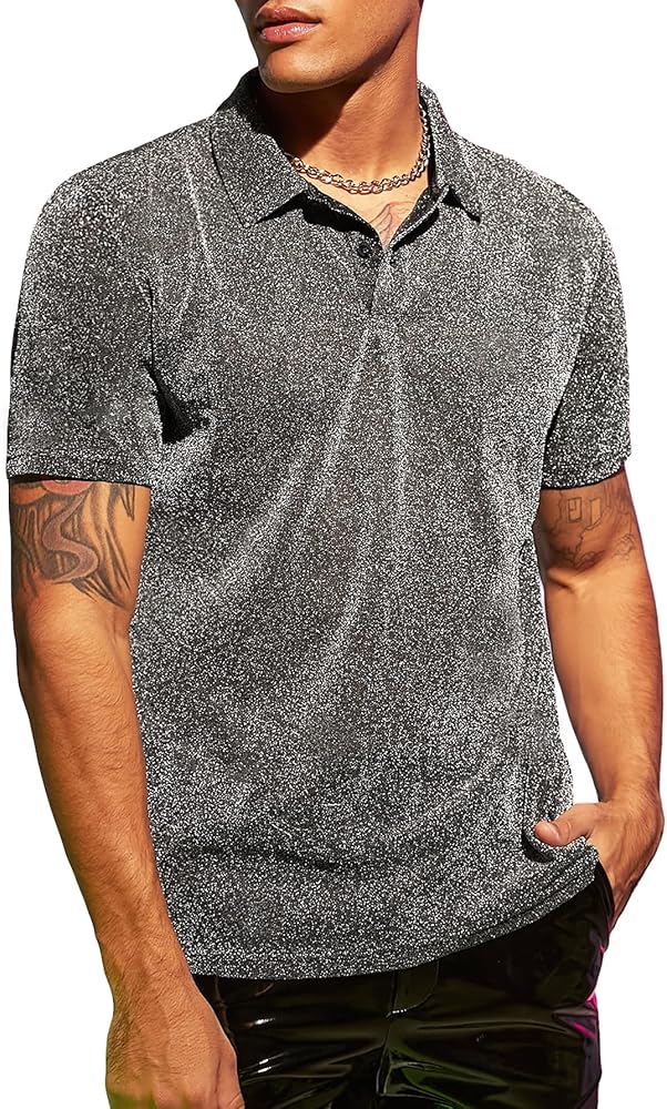 Verdusa Men's Glitter Top Casual Collar Short Sleeve Button Front T Shirt