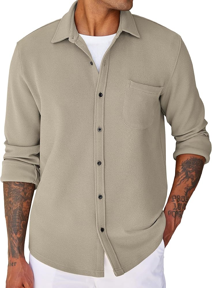 COOFANDY Men's Lightweight Shirt Shacket Long Sleeve Textured Button Down Shirts Casual Jacket