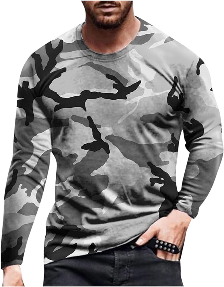 Mens Shirts Long Sleeve Casual Stylish Camouflage Print Workout Crewneck Sweatshirts Loose Fit Camo Pullover Tees