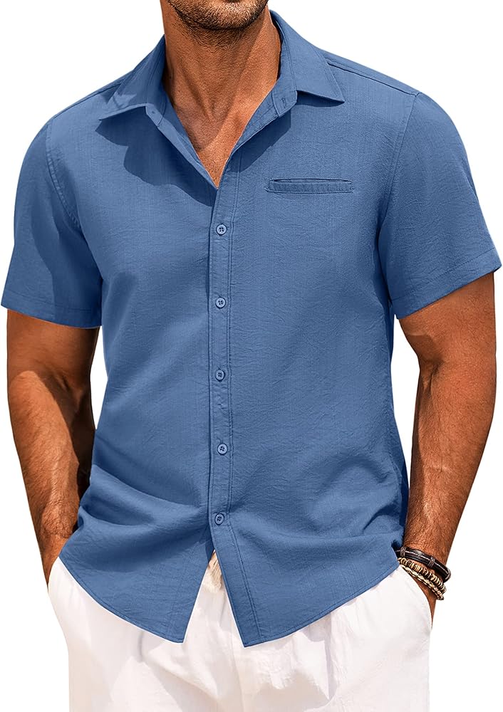 COOFANDY Mens Casual Linen Shirt Short Sleeve Button Down Shirt Summer Beach Hawaiian Shirts