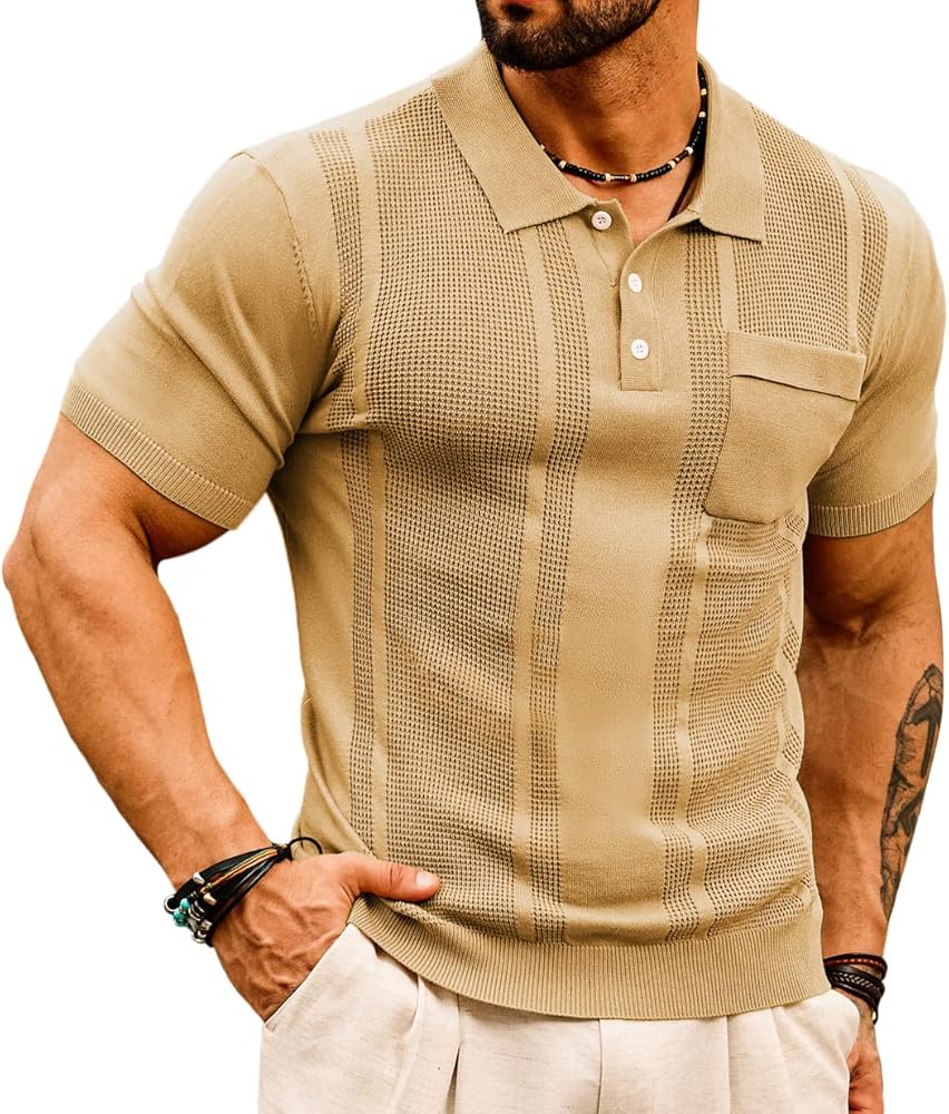 GRACE KARIN Men's Knit Polo Shirts Short Sleeve Texture Lightweight Golf Shirts Sweater