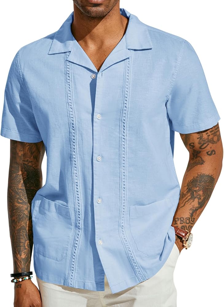 PJ PAUL JONES Mens Casual Button Down Shirts Linen Cuban Guayabera Beach Shirt