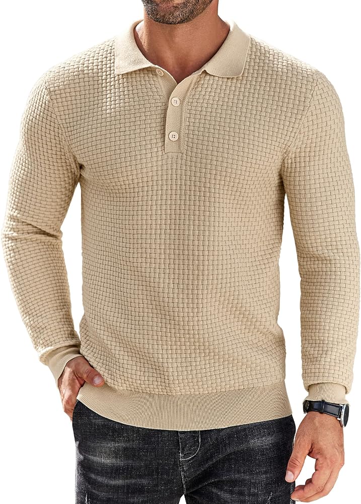 COOFANDY Men's Knit Polo Shirts Long Sleeve Sweater Polo Lightweight Fashion Casual Collared T Shirts