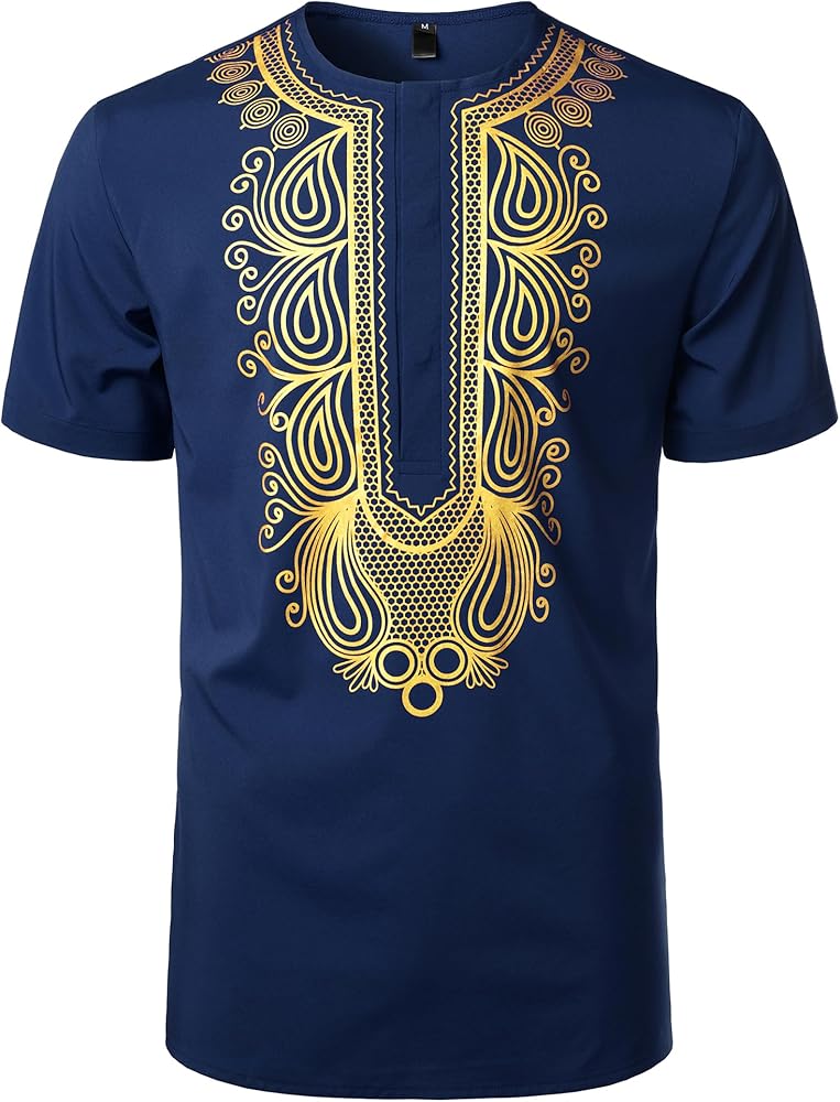 ZEROYAA Men's African Ethnic Hidden Button Short Sleeve Shirt Metallic Gold Printed Dashiki