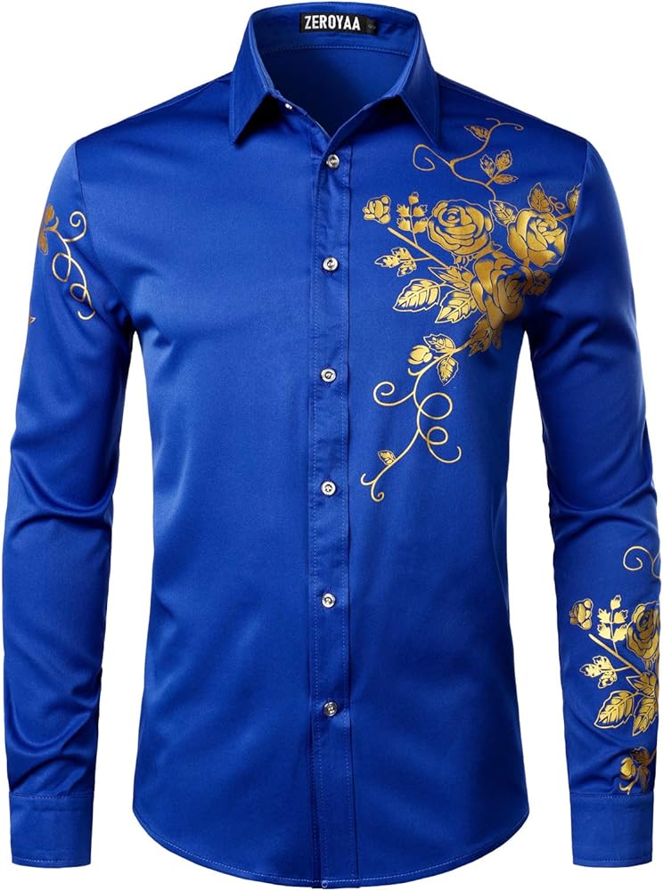 ZEROYAA Men's Hipster Rose Floral Printed Slim Fit Long Sleeve Button Up Party Dress Shirts