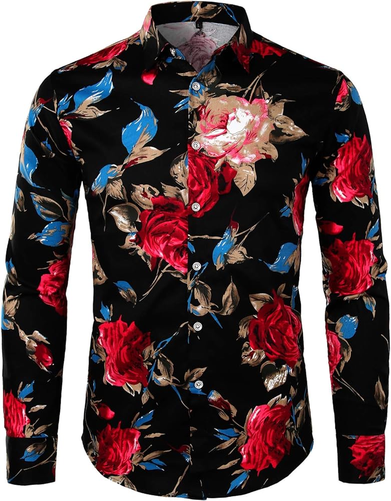 ZEROYAA Men's Floral Slim Fit Long Sleeve Cotton Casual Button Down Dress Shirt