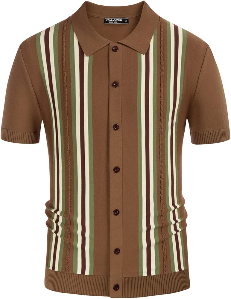 PJ PAUL JONES Mens Vintage Striped Polo Shirts Button Front Knit Polo T Shirt