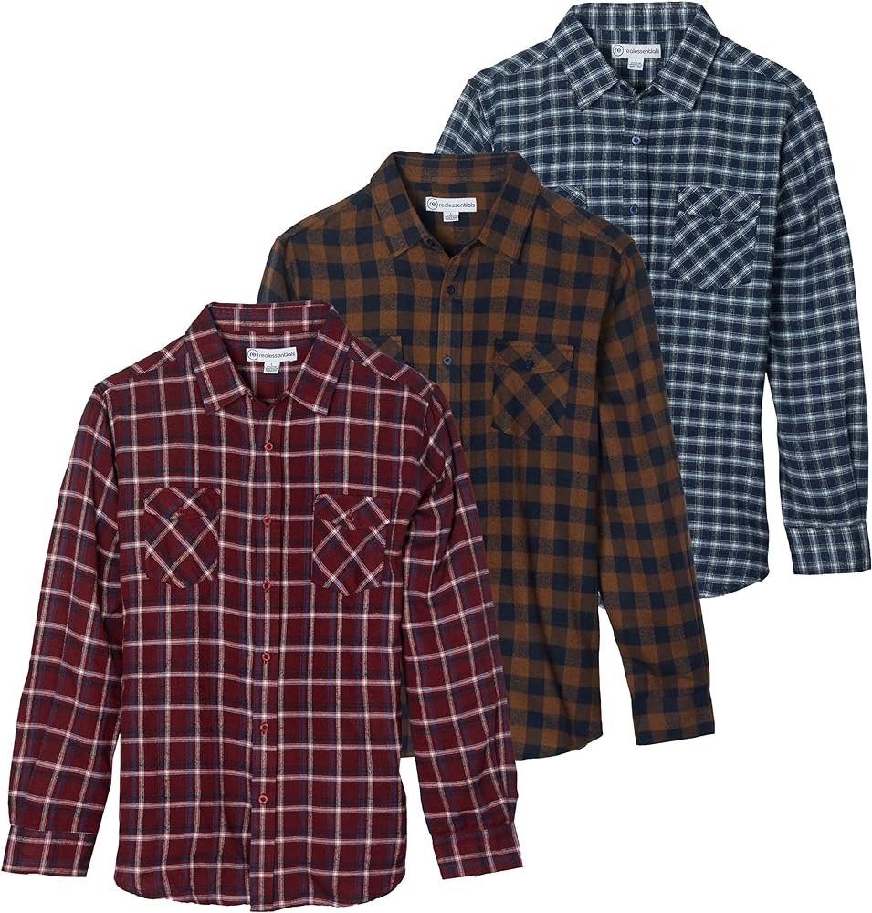 Real Essentials 3 Pack: Men's Long-Sleeve Flannel Button Down Plaid Casual Shirt (Available in Big & Tall)