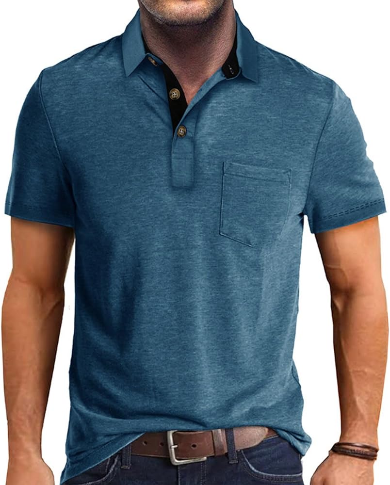 Men's Casual Polo Shirts Classic Button Basic Short Sleeve Shirt Solid Color Cotton Tees Golf Stylish Tops