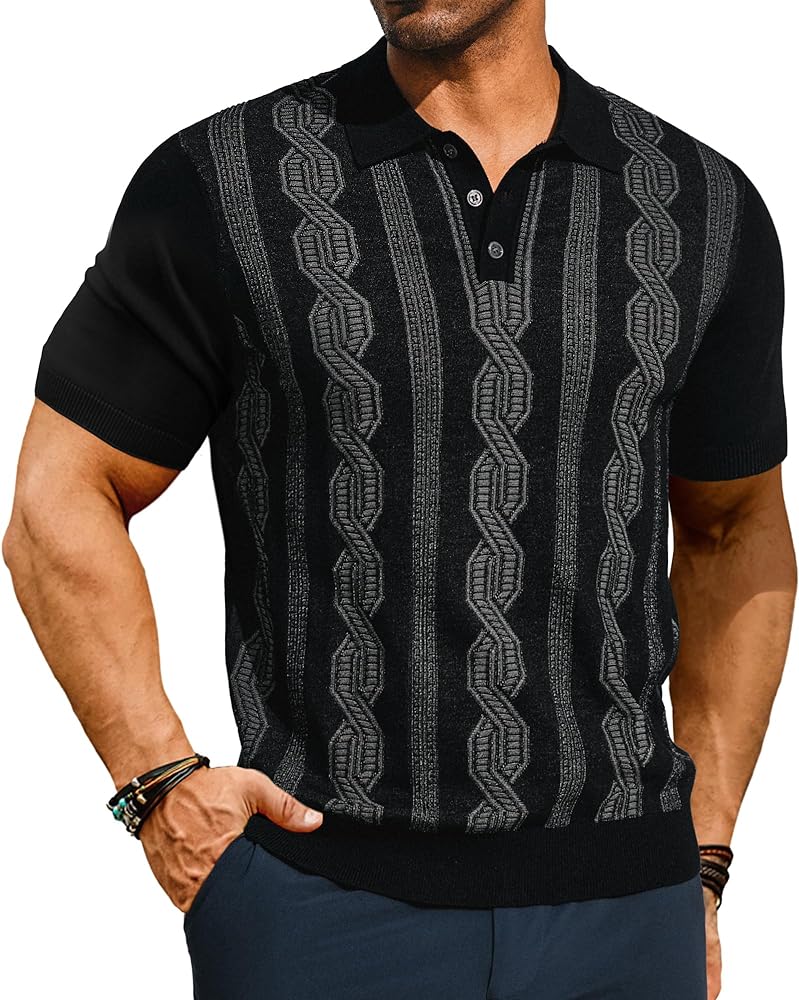 PJ PAUL JONES Mens Vintage Polo Shirts Casual Pattern Knit Golf Polo Shirts