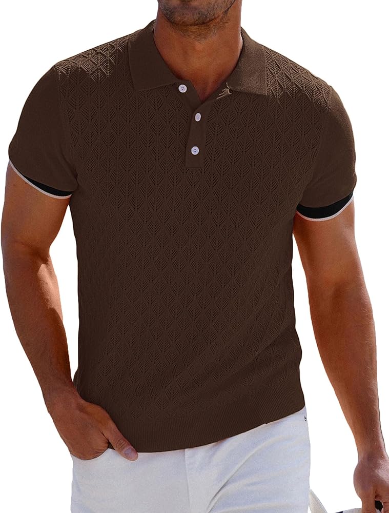 GRACE KARIN Mens Breathable Polo Shirts Short Sleeve Lightweight Knit Texture Golf Shirts Knitwear