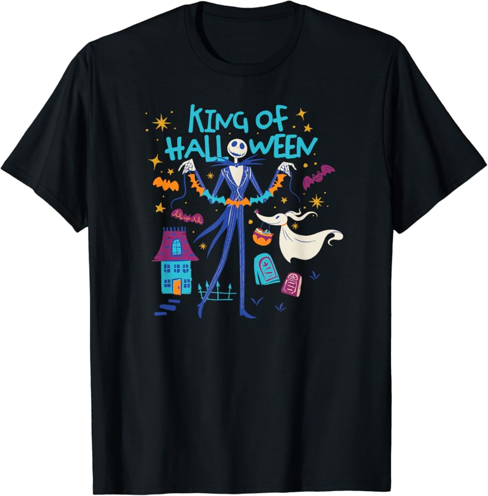 Amazon Essentials Men's Nightmare Before Christmas King of Halloween Jack and Zero T-Shirt, Black Halloween Print, Small