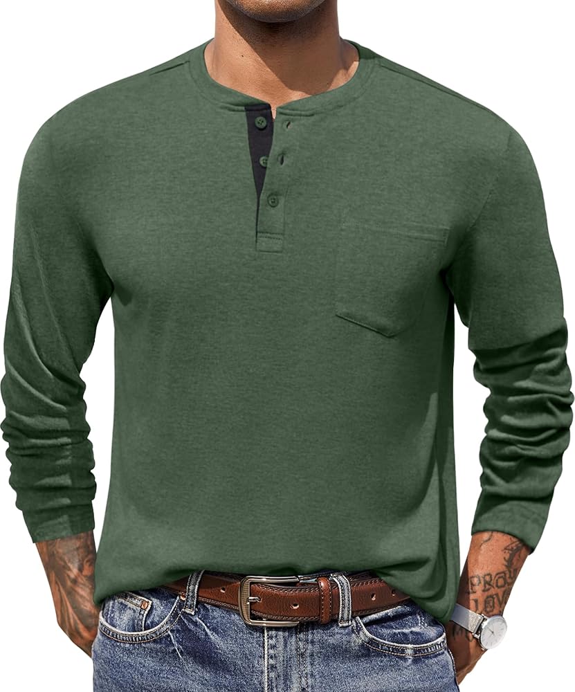 COOFANDY Men Long Sleeve Henley Shirs Soft Casual Basic T Shirts Soild Button Tees with Pockets