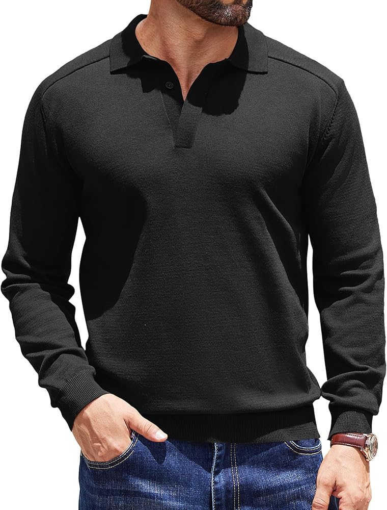 COOFANDY Mens Knit Polo Shirts Long Sleeve Polo Shirts Collared Sweater Hidden Button Casual Shirt