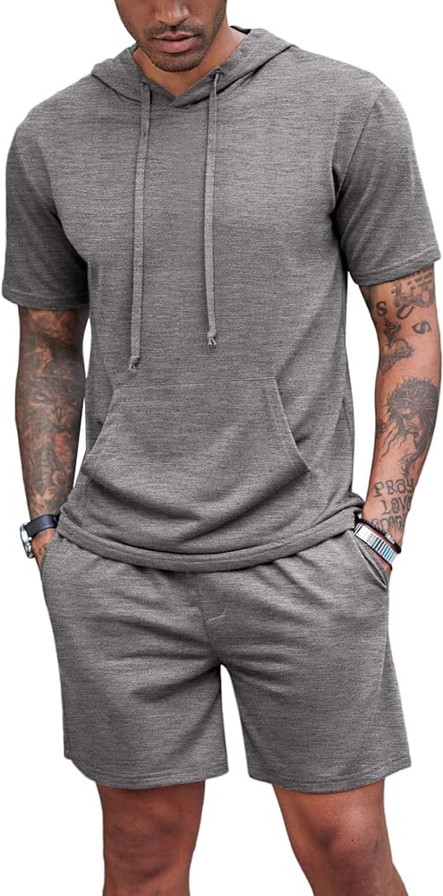 COOFANDY Men's Tracksuit 2 Piece Hooded Athletic Sweatsuit Short Sleeve Casual Sports Hoodie Shorts Set