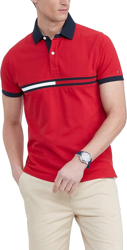 Tommy Hilfiger Men's Short Sleeve Cotton Pique Flag Graphic Polo Shirt in Custom Fit