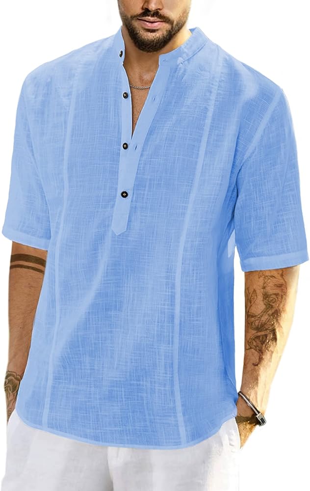 JMIERR Mens Cotton Linen Henley Shirt Casual Button Down Short Sleeve Tropical Shirts Summer Beach T Shirts