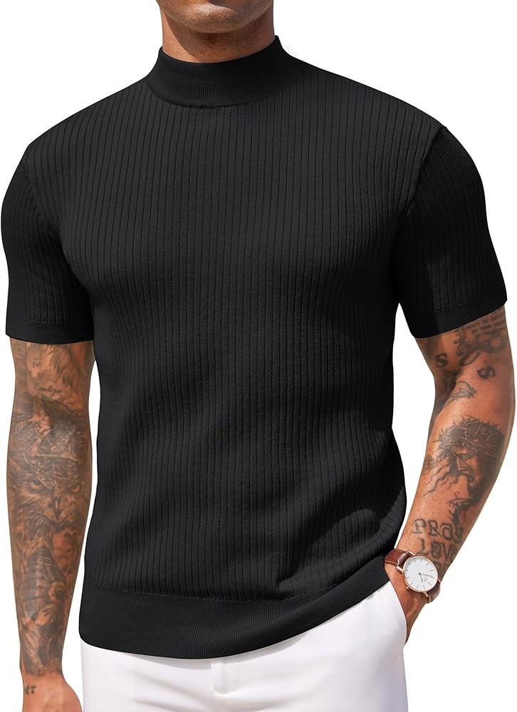 COOFANDY Men's Mock Turtleneck Sweater Short Sleeve Casual Basic Pullover Sweater Ribbed Knit Pullover Solid Tee