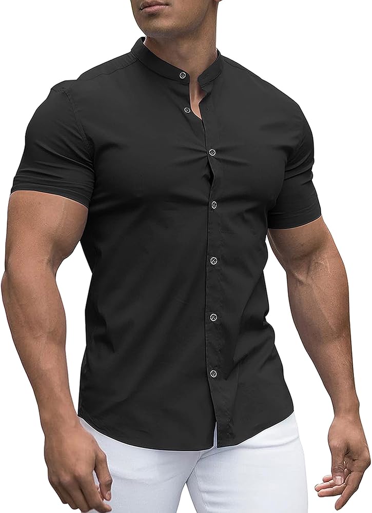 URRU Men's Muscle Dress Shirts Slim Fit Stretch Banded Collar Long&Short Sleeve Casual Button Down Shirt