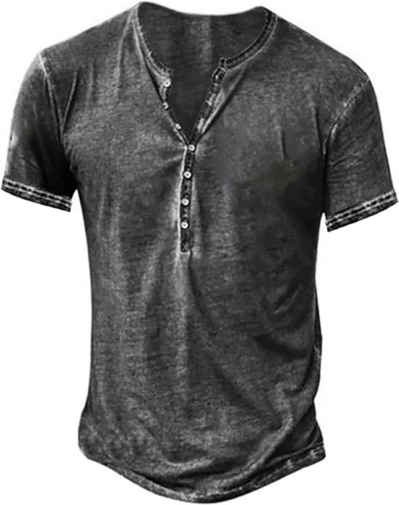 Mens Distressed Henley Shirts Retro Short Sleeve Tee Shirts Casual Button Down Washed T-Shirts for Men