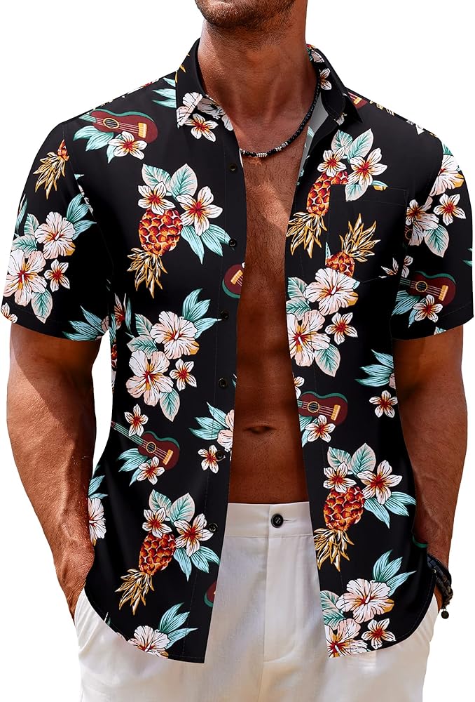 COOFANDY Mens Hawaiian Tropical Shirt Short Sleeve Casual Button Down Floral Summer Beach Shirts with Pocket