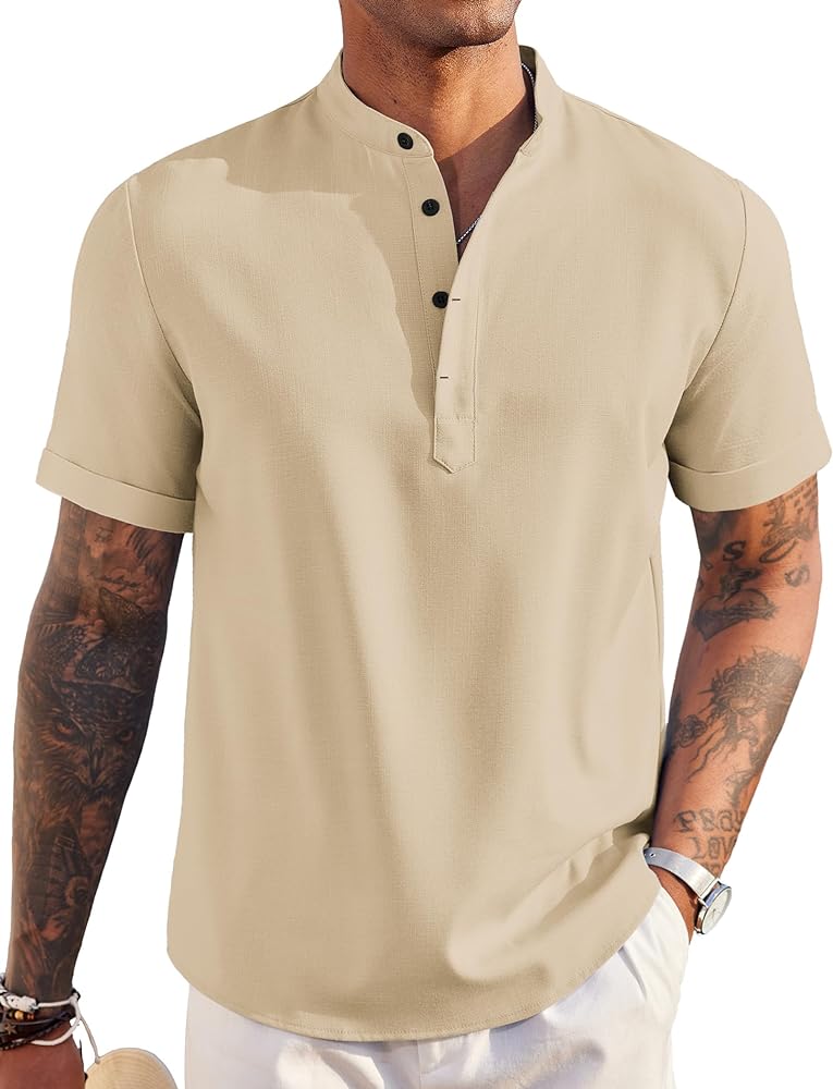 COOFANDY Men's Linen Henley Shirt Short Sleeve Casual Summer Beach Hippie T Shirts