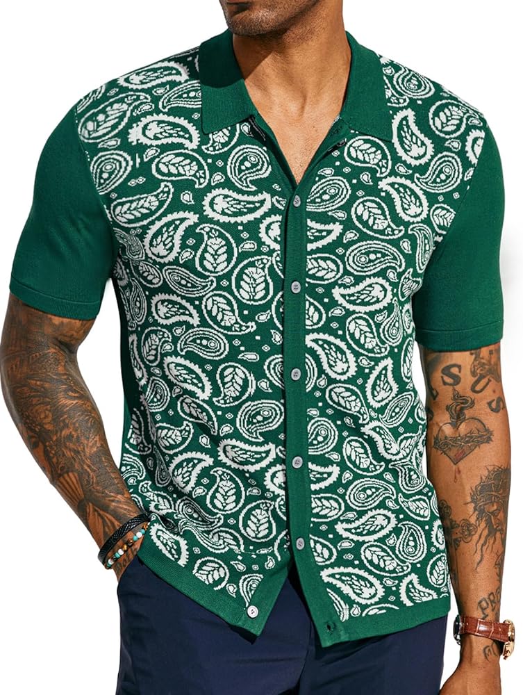 PJ PAUL JONES Mens Paisley Retro Shirts Short Sleeve Polo Shirts