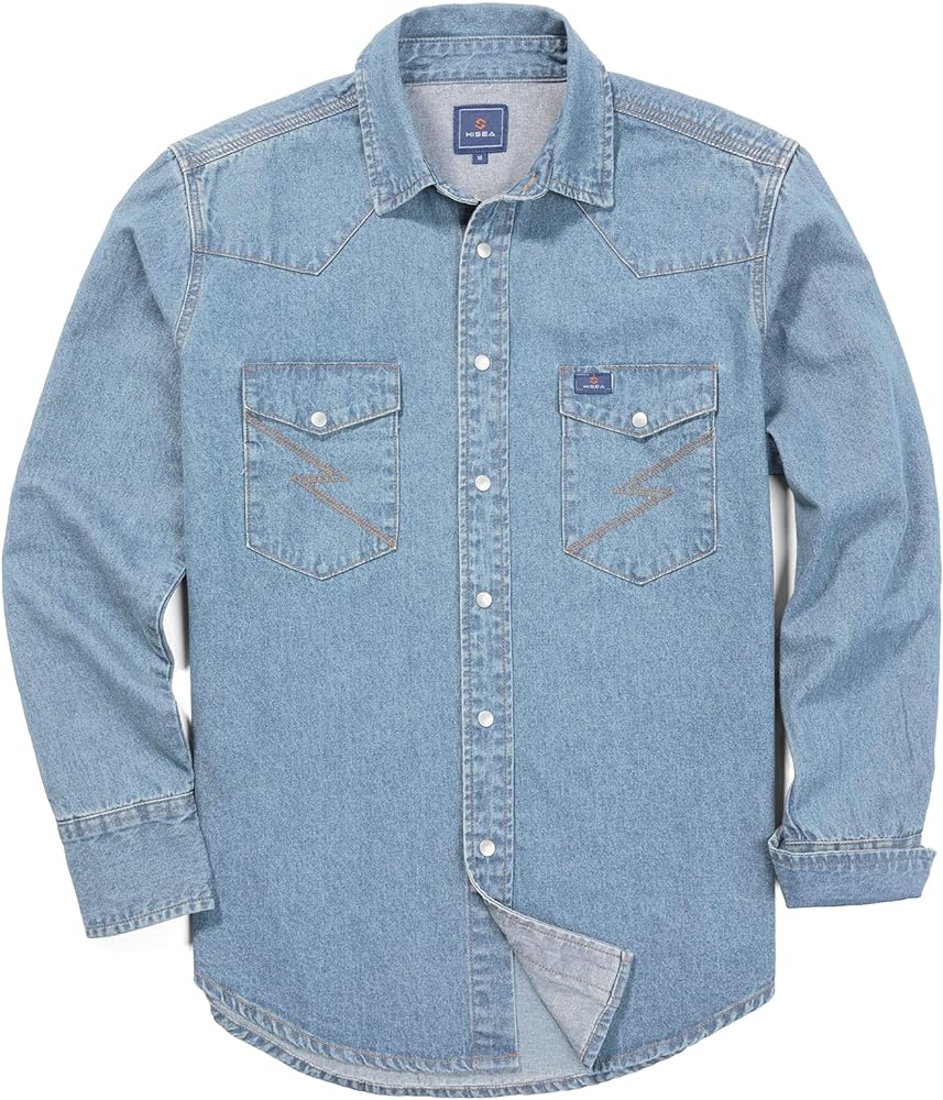 HISEA Men's Denim Shirt Long Sleeve Work Shirt Mens Regular Fit Button Down Shirts Cotton Work Shirts Washed Finish